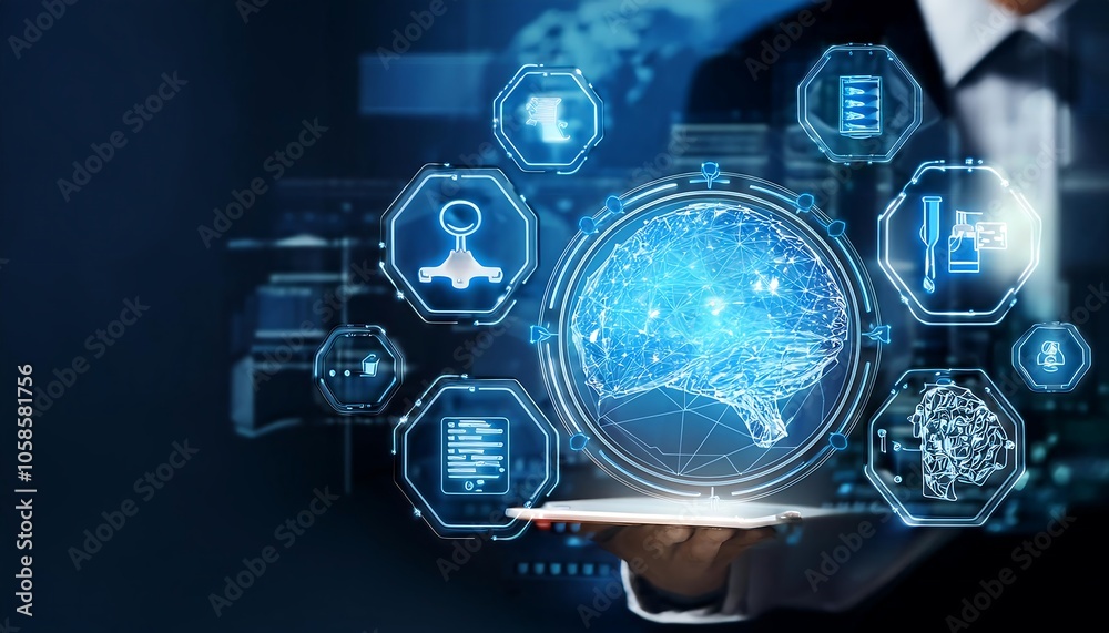 A digital brain hologram with medical icons and data, symbolizing advanced healthcare technology. A digital brain hologram with medical icons and data, symbolizing advanced healthcare technology.