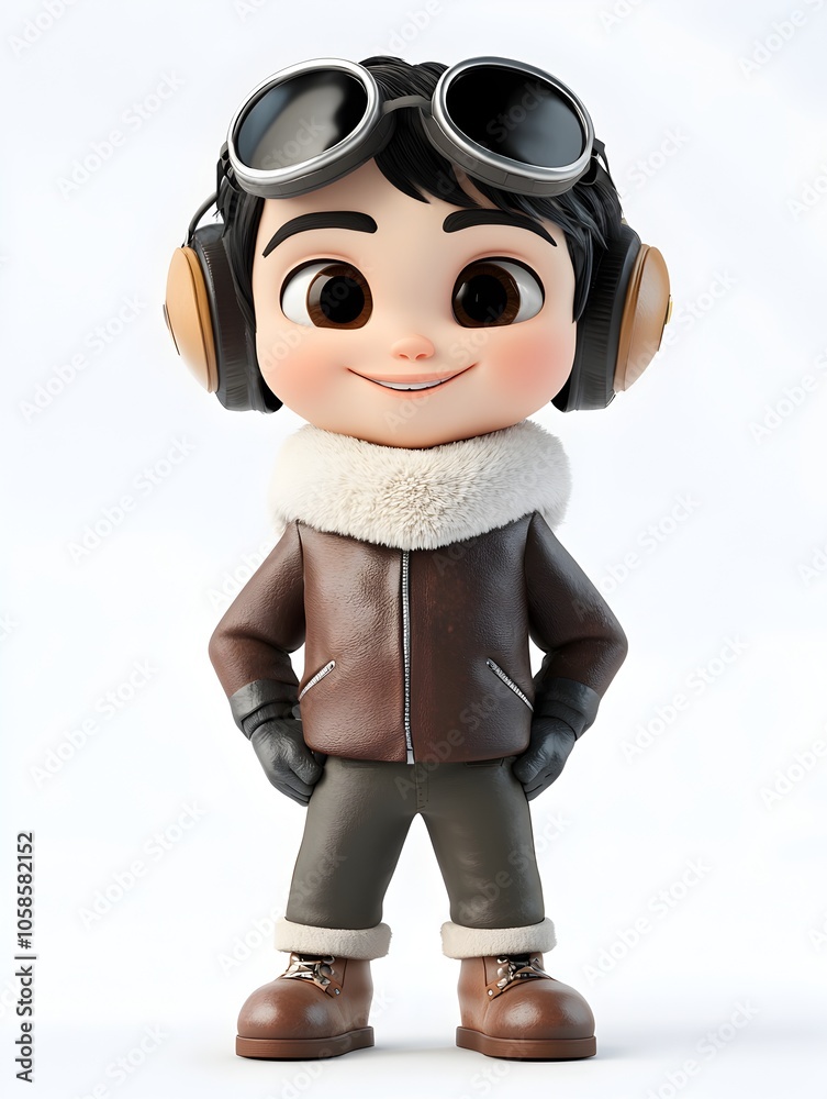 Whimsical 3D cartoon style image of a young boy dressed as an explorer wearing a leather jacket goggles and headphones with a sense of adventure and curiosity