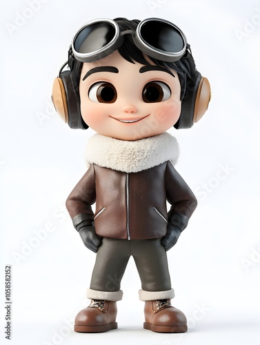 Obraz na płótnie Whimsical 3D cartoon style image of a young boy dressed as an explorer wearing a leather jacket goggles and headphones with a sense of adventure and curiosity w salonie