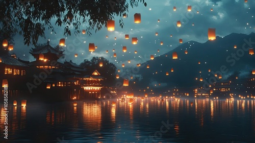 Illuminated Asian Temple and Sky Lanterns Over Water at Dusk photo