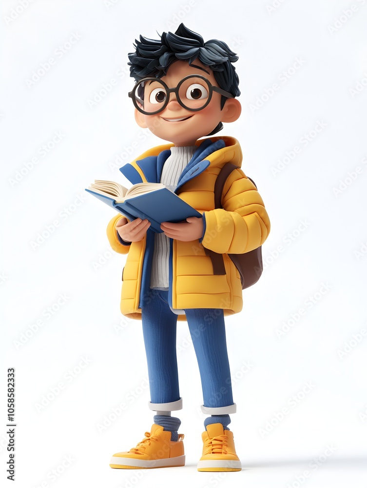 A 3D cartoon style image of a young bespectacled boy dressed in a yellow jacket and blue pants holding an open book and engrossed in studying The image depicts a curious