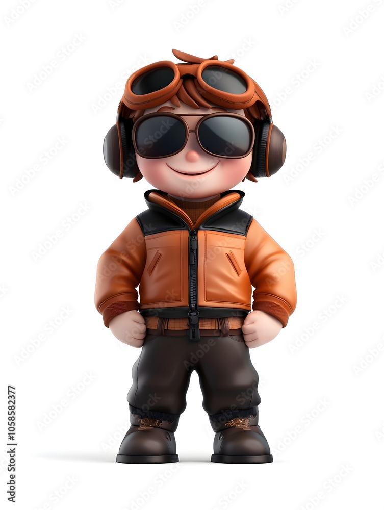A 3D cartoon style image of a young cheerful boy dressed in an orange jacket goggles and helmet embracing adventure and imagination with a playful energetic expression