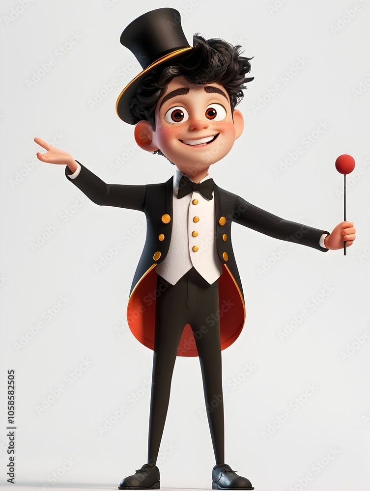 A cheerful and imaginative 3D cartoon style image of a young boy dressed in a formal gentleman s attire including a top hat and suit