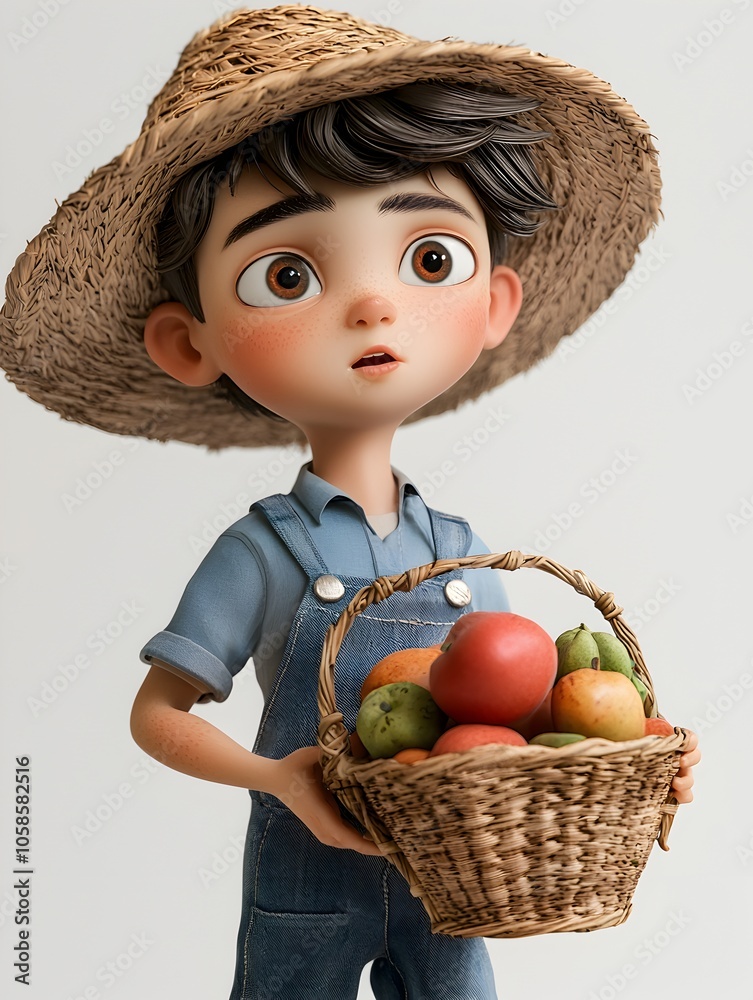 A cheerful cartoon style image of a young boy dressed as a farmer or gardener holding a wicker basket filled with freshly picked apples pears and other seasonal fruits