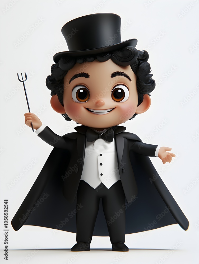 A delightful 3D cartoon style image of a young smiling boy dressed up in a formal tuxedo and top hat resembling a magician or gentleman The character has a cheerful
