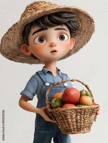 A cheerful cartoon style image of a young boy dressed as a farmer or gardener holding a wicker basket filled with freshly picked apples pears and other seasonal fruits