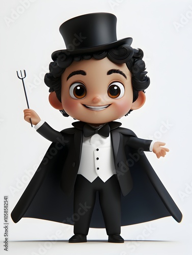 Obraz na płótnie A delightful 3D cartoon style image of a young smiling boy dressed up in a formal tuxedo and top hat resembling a magician or gentleman The character has a cheerful w salonie