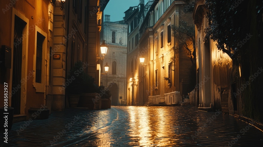 Nighttime view of Rome landmarks with soft lights casting a romantic glow over ancient streets and architecture. Nighttime view of Rome landmarks with soft lights casting a romantic glow over ancient streets and architecture.