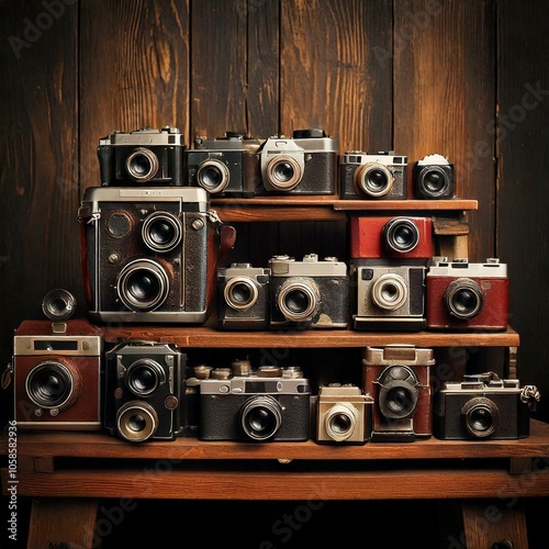 Vintage cameras illustration on wooden rack