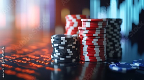 Colorful stacks of casino chips with a financial graph background
