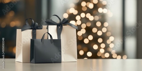 Elegant gift bags with ribbons and holiday lights for festive celebrations photo