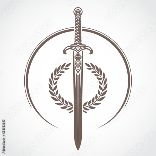 ornamental sword with laurel wreath in circle logo design