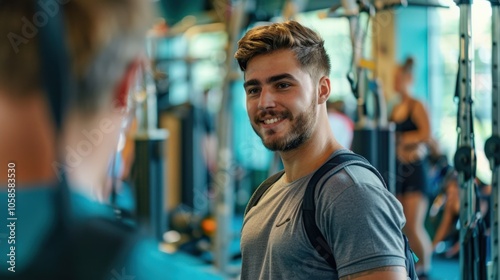 Smiling young man in gym, fitness, workout, and healthy lifestyle concept.