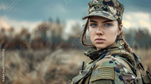 Soldier in camouflage uniform, looking serious against a dramatic sky background.