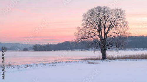 A lone tree stands in a snowy field with a pink sky behind it.