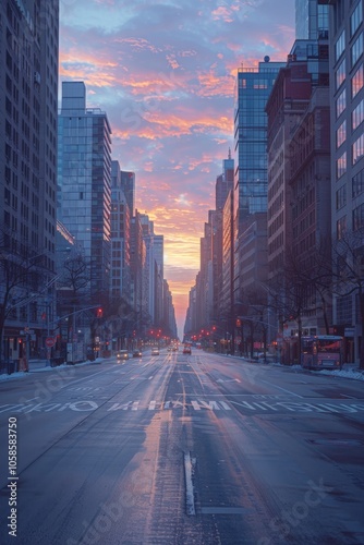 Morning quiet: empty street bathed in the first light of day 