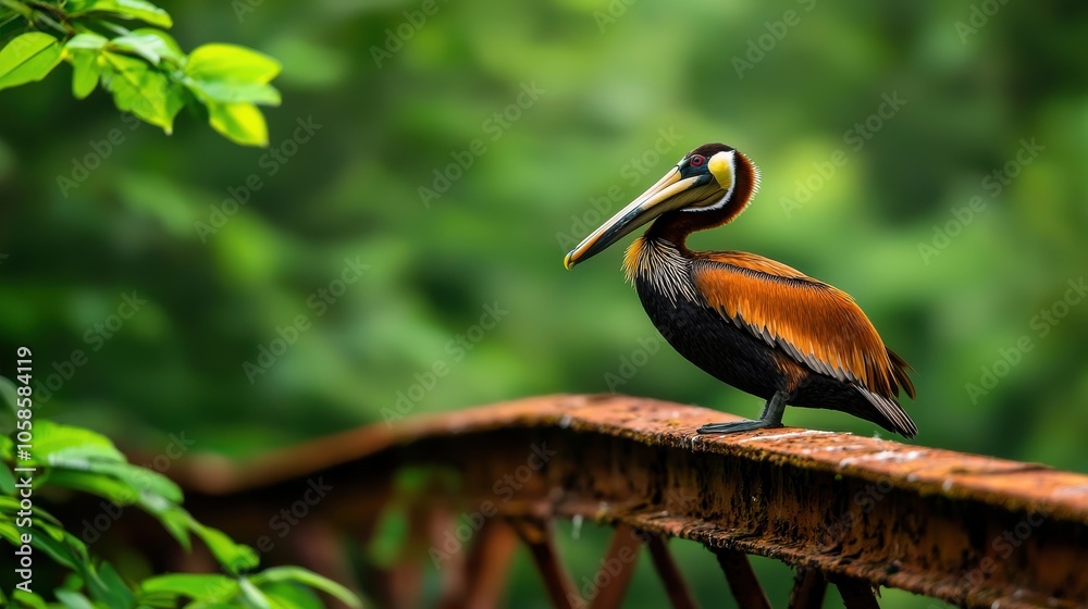 Fototapeta premium A vibrant bird with a long beak perched on a rustic railing amidst lush greenery, showcasing nature's beauty and wildlife.
