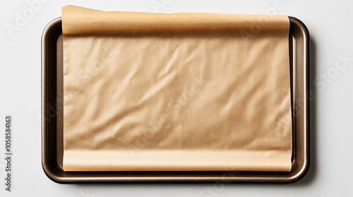 Empty baking sheet with unrolled parchment paper on white background, ready for baking or cooking preparation