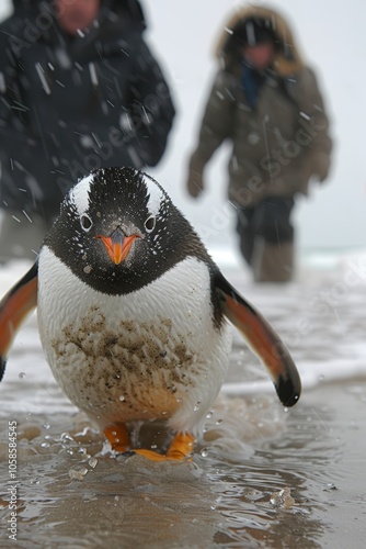 Gentoo penguin waddling through shallow Antarctic waters while curious explorers observe from behind in a snowy environment photo