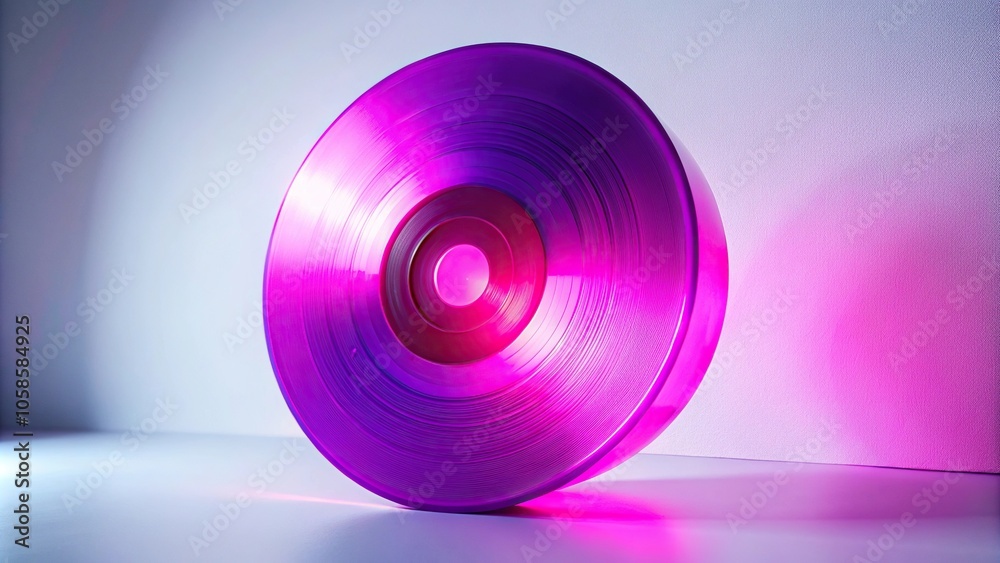 Pink and purple neon light vinyl record on white surface low angle view Pink and purple neon light vinyl record on white surface low angle view