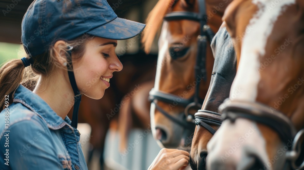 Obraz premium Woman interacting with horses in a stable, showcasing care and companionship.