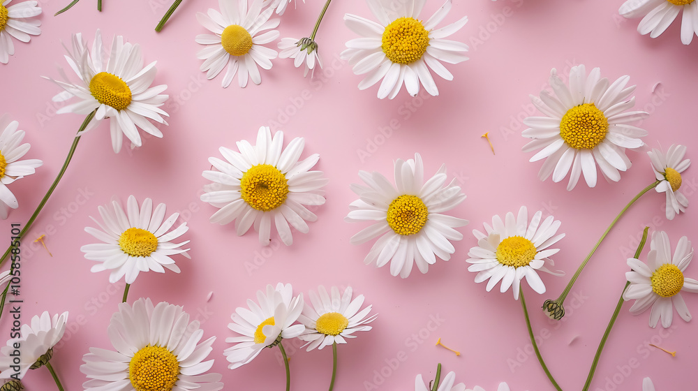 Obraz premium A minimalistic concept featuring white daisy chamomile flowers on a pale pink background, ideal for creative summer or spring designs.