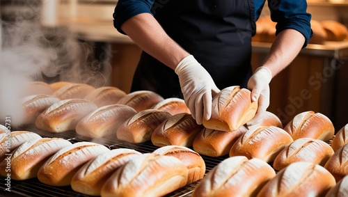 Workers sorting bread after it comes out of the oven. photo