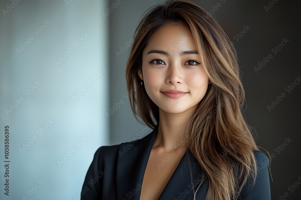 Confident Asian Businesswoman in Grey Blazer with Long Brown Hair. Confident Asian Businesswoman in Grey Blazer with Long Brown Hair.