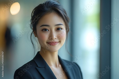 Confident Asian Businesswoman Portrait in Office Window Light