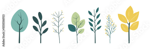 Set of tree and leaf collection hand drawn flat design vector element. botanical set of bare trees and ones with leaves and lush green