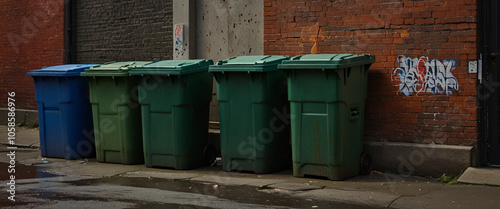 Garbage bins in the urban alleyway, city street scene