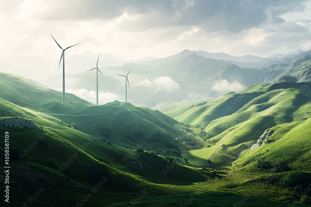 Wind Turbines on Green Hills - Sustainable Energy in Nature Wind Turbines on Green Hills - Sustainable Energy in Nature