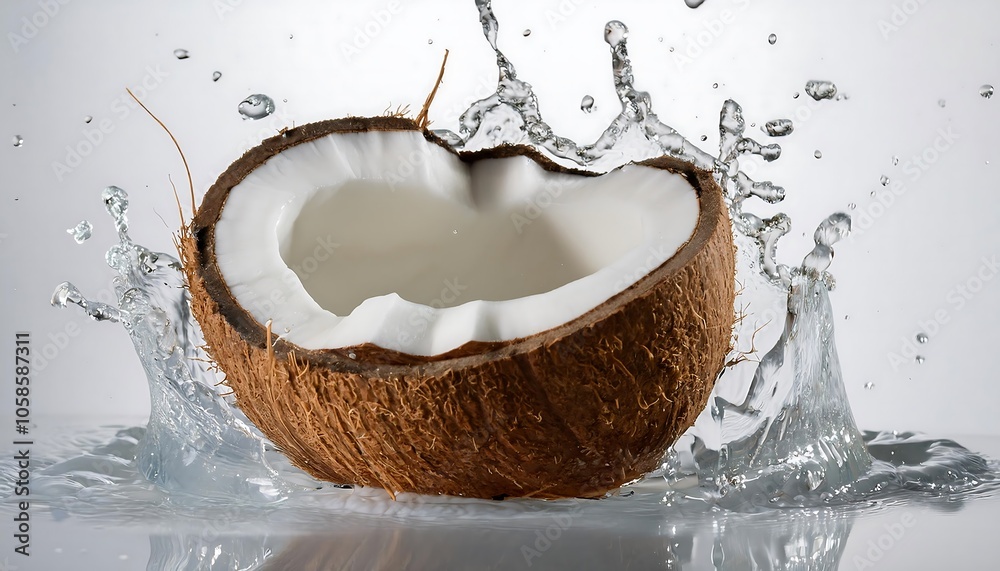 Fresh coconut a few slices and a splash of Fresh coconut juice form a dynamic image against a white background Fresh coconut a few slices and a splash of Fresh coconut juice form a dynamic image against a white background