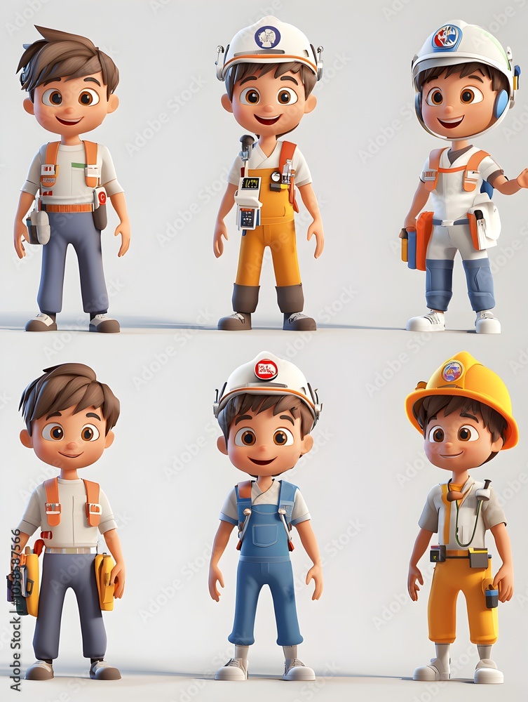 Cartoon Style 3D of a Young Boy Character Dressed in Different Worker Uniforms and Occupational Attire Such as Construction Engineering and Repair Professions