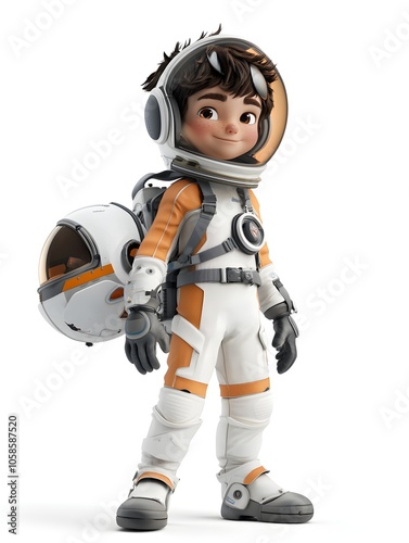 Obraz na płótnie Cartoon Style 3D Image of a Young Boy Wearing a Futuristic Space Suit and Helmet Exploring the Mysteries of Outer Space and Embarking on an Adventurous Cosmic Journey w salonie