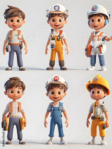 Obraz na płótnie Cartoon Style 3D of a Young Boy Character Dressed in Different Worker Uniforms and Occupational Attire Such as Construction Engineering and Repair Professions w salonie