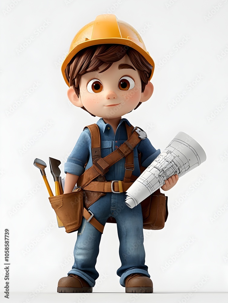 Cartoon style 3D of a young male construction worker or engineer wearing a yellow safety helmet and holding construction tools like a wrench and blueprints