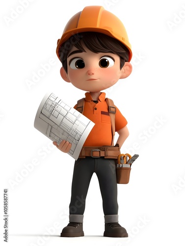 Obraz na płótnie Cartoon style 3D of Young Male Construction Worker Dressed in Hardhat and Uniform Holding Blueprint on Construction Job Site w salonie