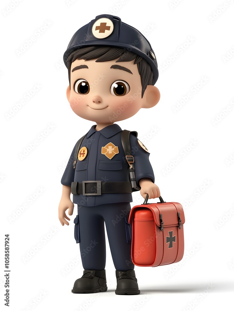 Cartoon style image of a young boy dressed up as an emergency service worker such as a policeman fireman or doctor holding a first aid kit or medical bag The character has a cheerful