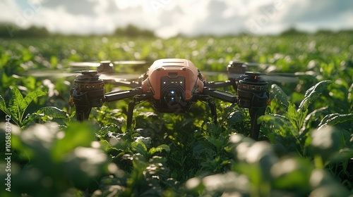 autonomous agricultural robot efficiently harvesting crops in a vibrant green farm, showcasing advanced technology and futuristic farming techniques against a bright blue sky