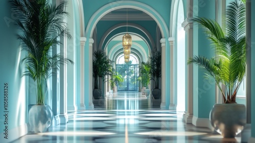 Elegant Hallway with Palm Trees