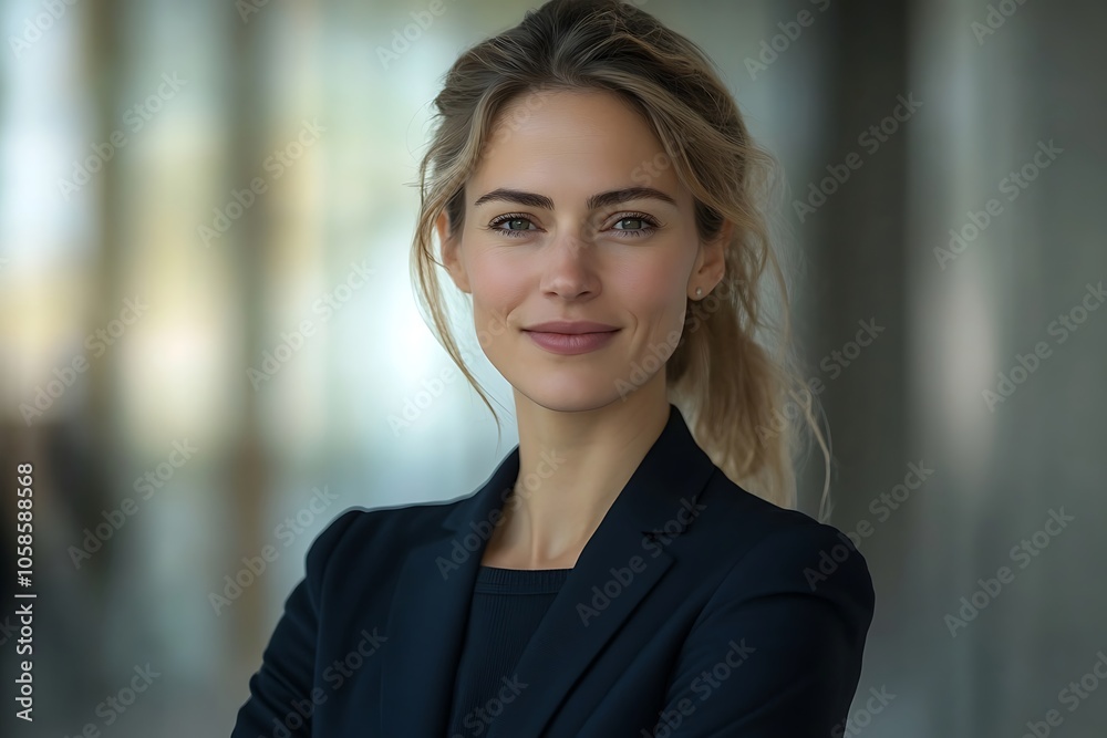 Confident Blonde Businesswoman Smiling in Corporate Attire Confident Blonde Businesswoman Smiling in Corporate Attire