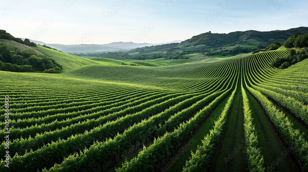 Expansive green vineyard with neatly aligned rows of grapevines stretching over rolling hills under a clear sky. Expansive green vineyard with neatly aligned rows of grapevines stretching over rolling hills under a clear sky.