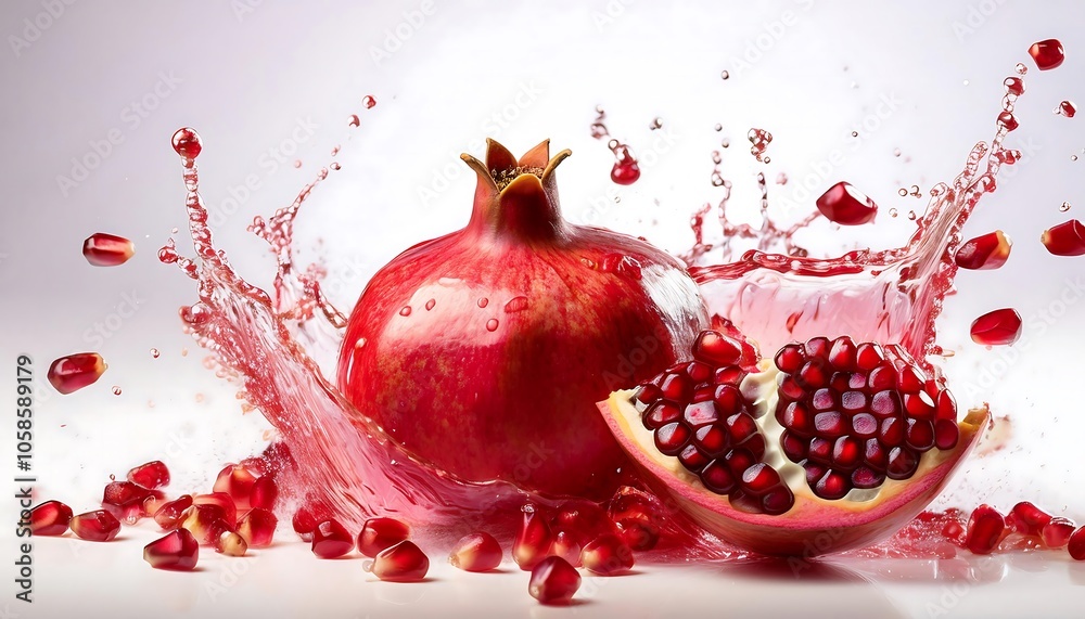 Fresh Pomegranate a few slices and a splash of Fresh Pomegranate juice form a dynamic image against a white background Fresh Pomegranate a few slices and a splash of Fresh Pomegranate juice form a dynamic image against a white background