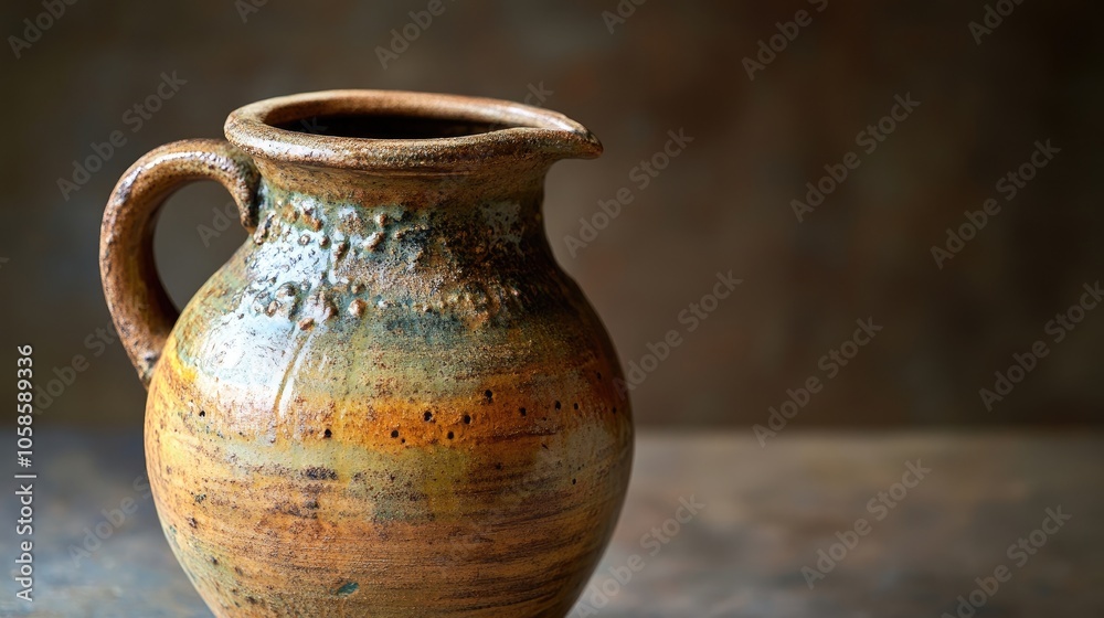 Traditional handmade pottery jug captured in detail, emphasizing the unique craftsmanship and texture of the pottery. Ideal for projects needing a traditional pottery theme, with ample copy space. Traditional handmade pottery jug captured in detail, emphasizing the unique craftsmanship and texture of the pottery. Ideal for projects needing a traditional pottery theme, with ample copy space.