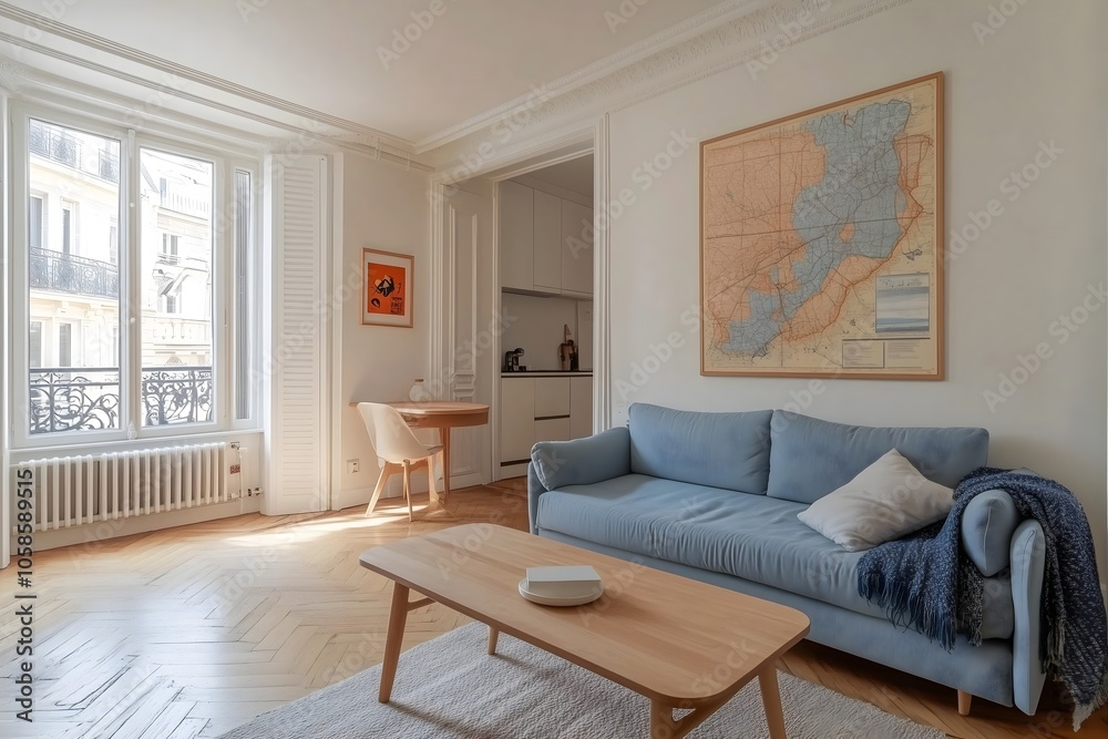 Fototapeta premium A cozy living room with a light blue sofa, a wooden coffee table, and a blanket on it