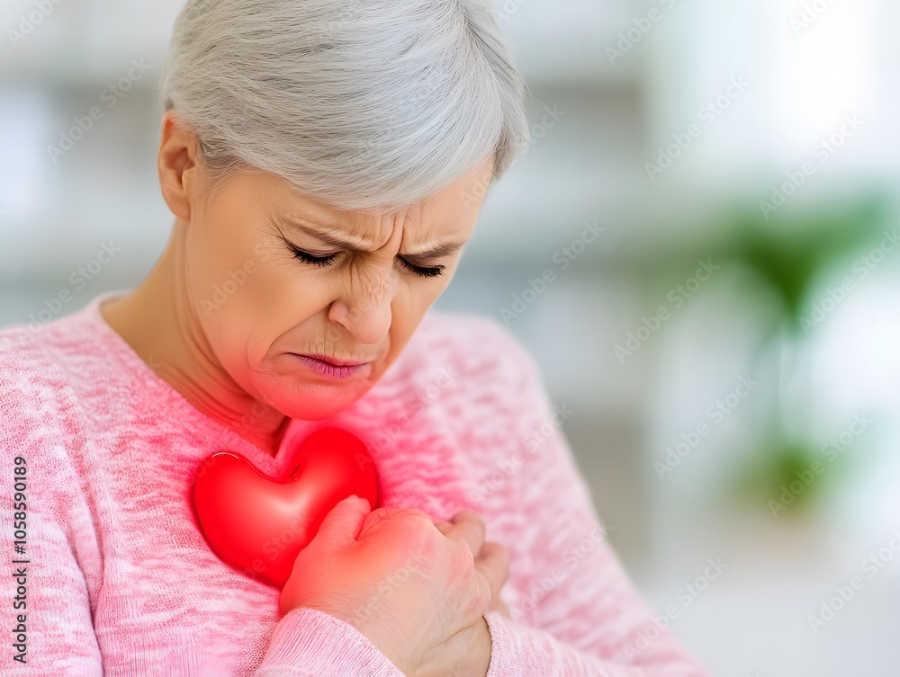 A concerned elderly woman holds her chest, indicating discomfort, with a glowing heart symbol emphasizing her health issue. A concerned elderly woman holds her chest, indicating discomfort, with a glowing heart symbol emphasizing her health issue.