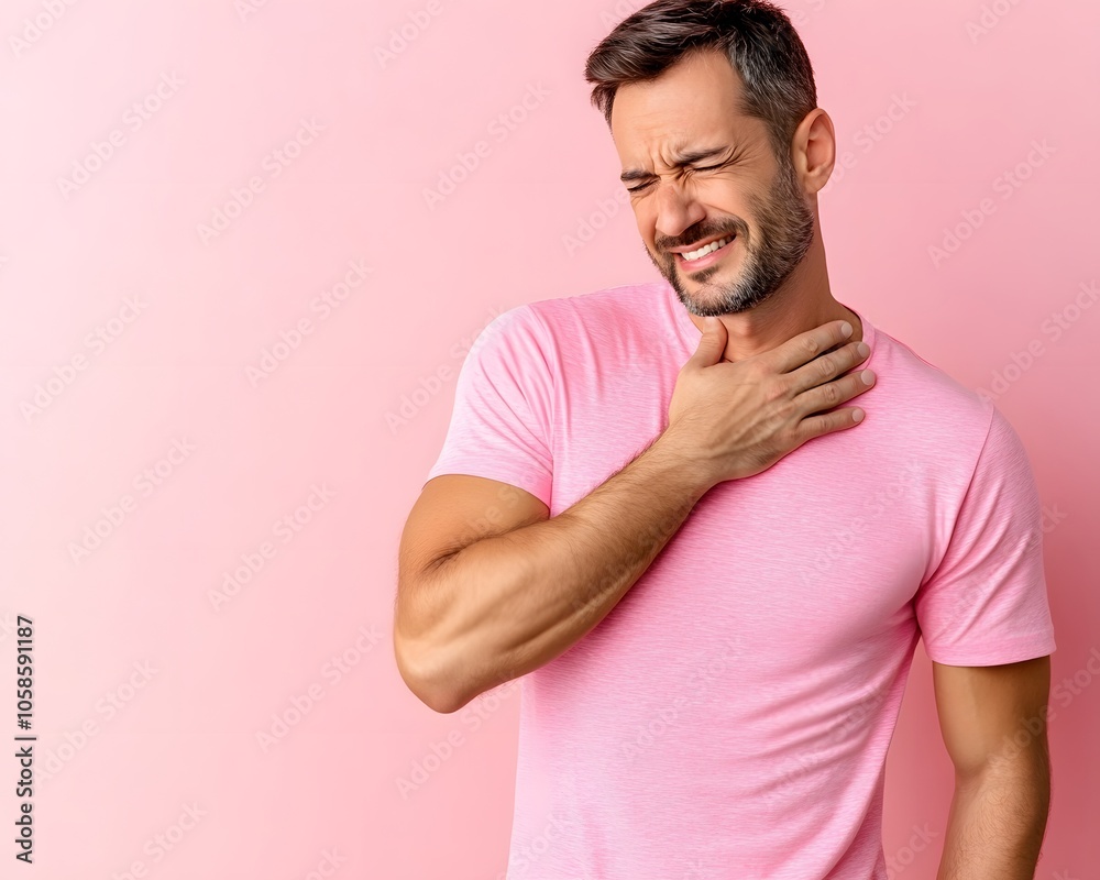 A man in a pink shirt appears to be experiencing discomfort, holding his throat against a soft pink background.