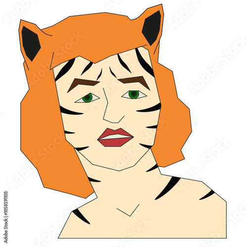 Girl looks like tiger. Trendy youth subculture 2024. Therianthropes people. Non binary gender. Vector illustration for social media. EPS 10