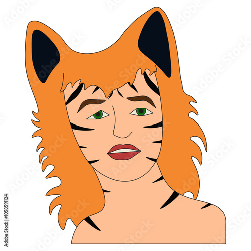 Nonbinary people portrait isolated white background. Therianthropes people. Girl in form of wild cat. Vector illustration.  EPS 10
